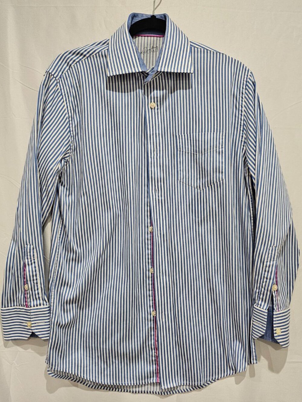 Arnold Zimberg Men's Dress Shirt 15.5 Striped Pink Accent Pocket Button LS